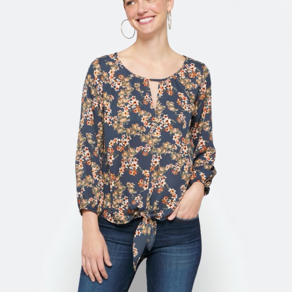 Beacon Navy Floral Blouse with Tie-Front